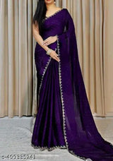 Trending New Satin Silk Saree With Beads And Stone Work Border Lace And Fancy Work Blouse