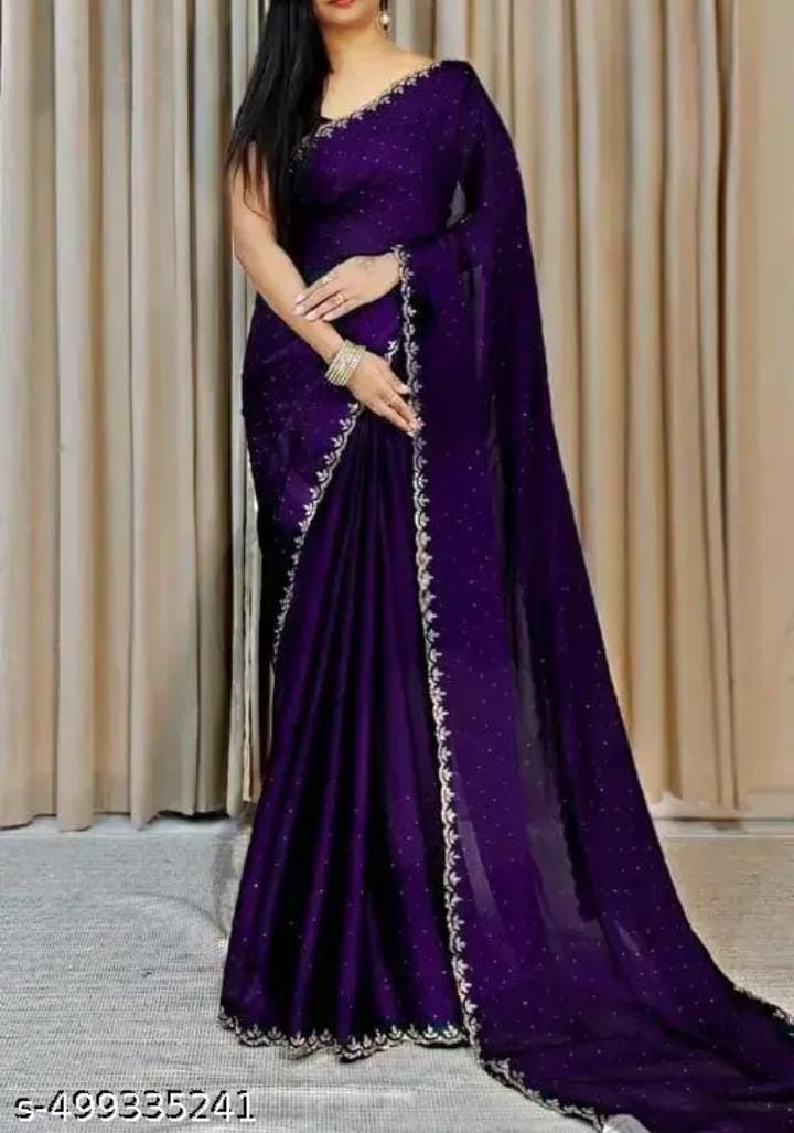 Trending New Satin Silk Saree With Beads And Stone Work Border Lace And Fancy Work Blouse