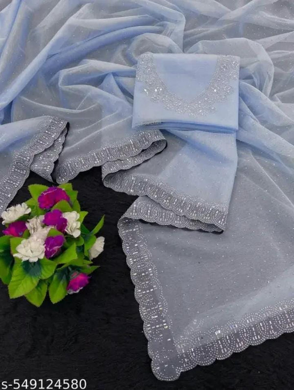 Womens New Latest Bollywood Fancy Party Wear Premium Super Net fabric Embelished Swaroski Work with Fancy Border Saree With Blouse