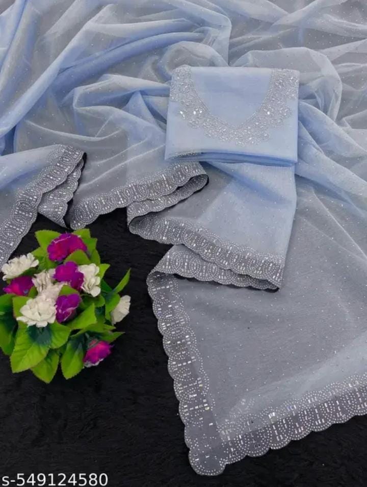 Womens New Latest Bollywood Fancy Party Wear Premium Super Net fabric Embelished Swaroski Work with Fancy Border Saree With Blouse