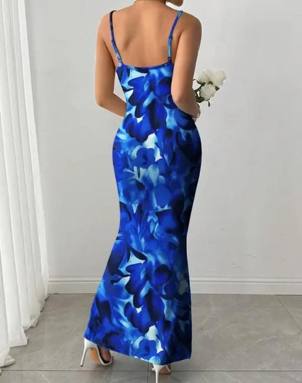 Stylish Blue Floral Maxi Bodycon Dress