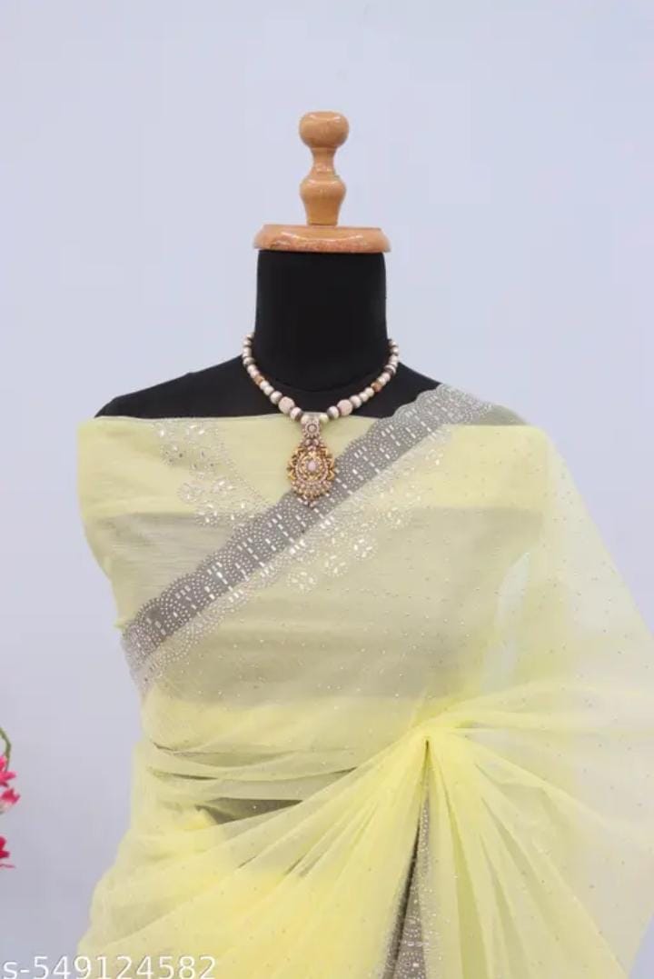 Womens New Latest Bollywood Fancy Party Wear Premium Super Net fabric Embelished Swaroski Work with Fancy Border Saree With Blouse