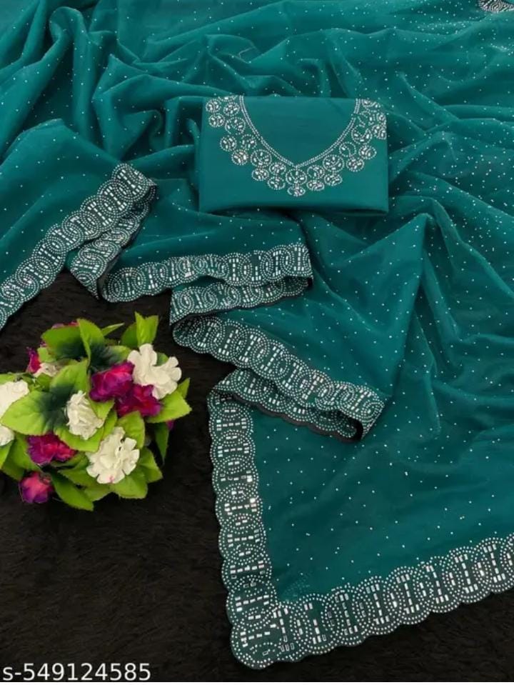 Womens New Latest Bollywood Fancy Party Wear Premium Super Net fabric Embelished Swaroski Work with Fancy Border Saree With Blouse