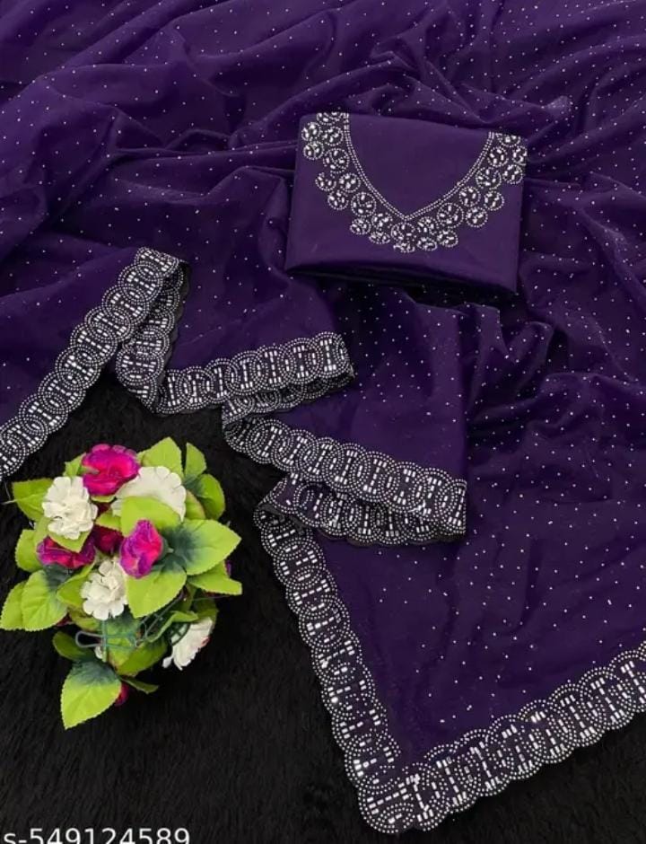 Womens New Latest Bollywood Fancy Party Wear Premium Super Net fabric Embelished Swaroski Work with Fancy Border Saree With Blouse