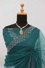 Womens New Latest Bollywood Fancy Party Wear Premium Super Net fabric Embelished Swaroski Work with Fancy Border Saree With Blouse