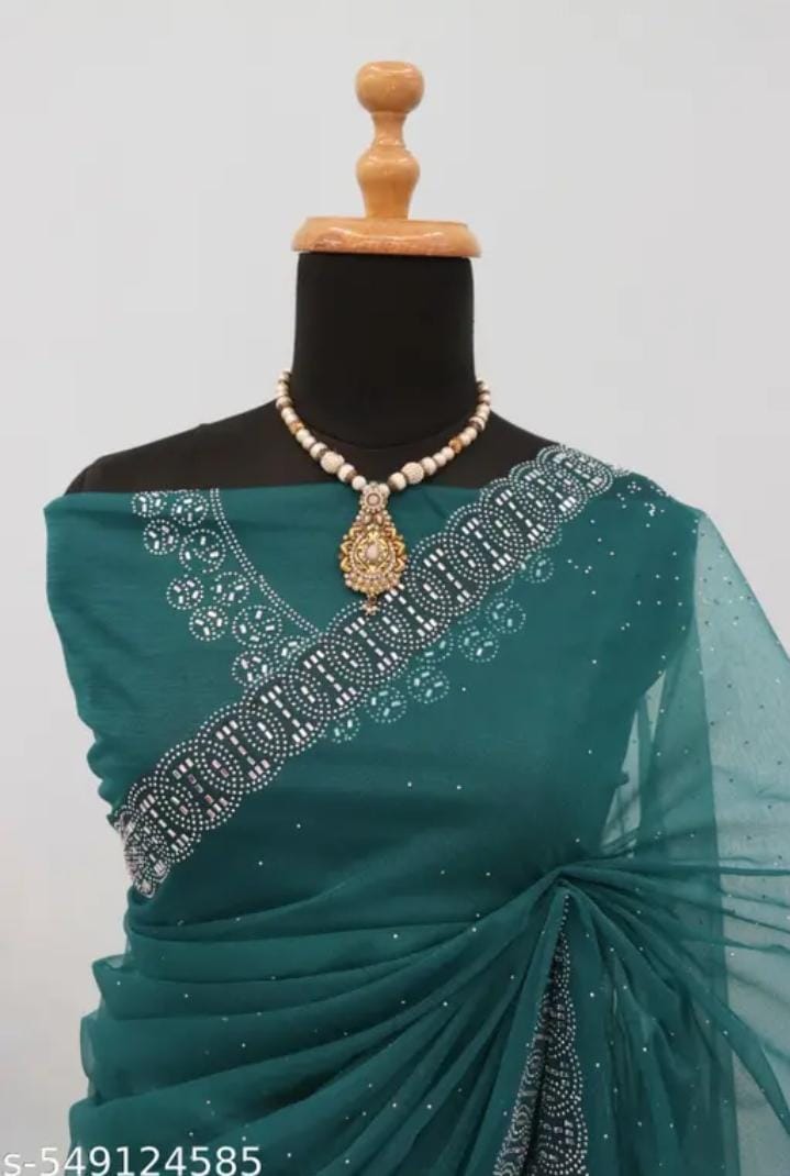 Womens New Latest Bollywood Fancy Party Wear Premium Super Net fabric Embelished Swaroski Work with Fancy Border Saree With Blouse