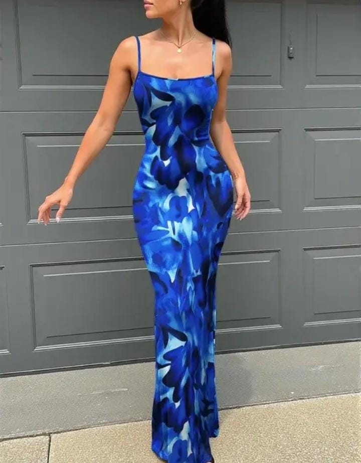 Stylish Blue Floral Maxi Bodycon Dress