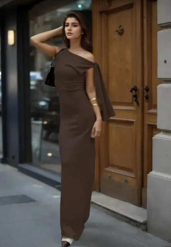 Brown Solid Tie Up Maxi Dress