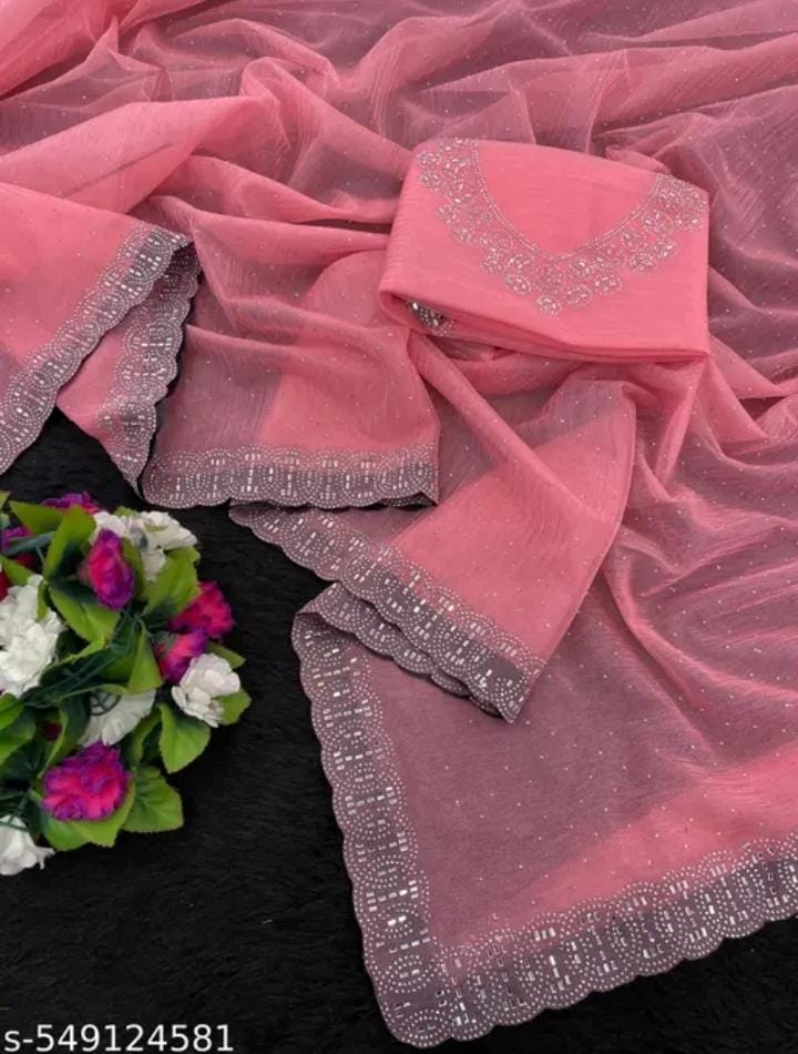 Womens New Latest Bollywood Fancy Party Wear Premium Super Net fabric Embelished Swaroski Work with Fancy Border Saree With Blouse