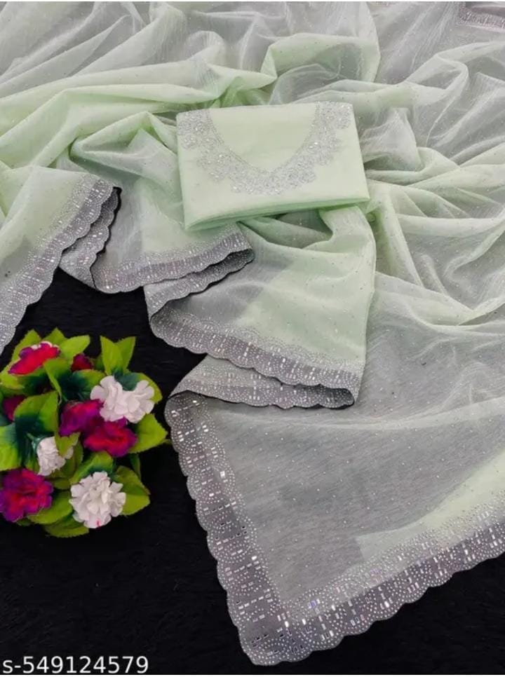 Womens New Latest Bollywood Fancy Party Wear Premium Super Net fabric Embelished Swaroski Work with Fancy Border Saree With Blouse