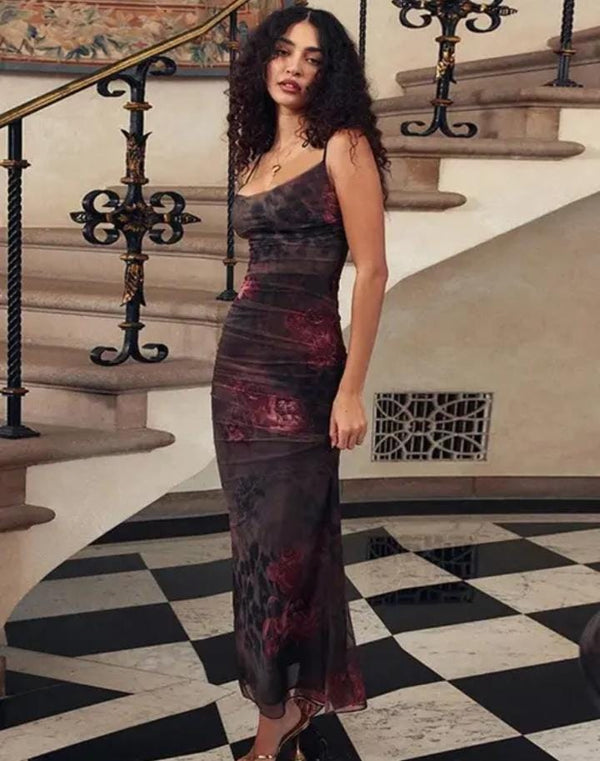 Brown imported net fabric maxi dress