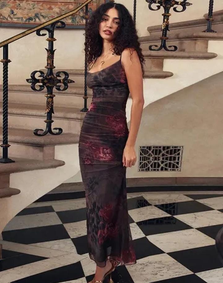 Brown imported net fabric maxi dress