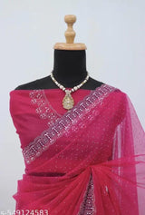 Womens New Latest Bollywood Fancy Party Wear Premium Super Net fabric Embelished Swaroski Work with Fancy Border Saree With Blouse