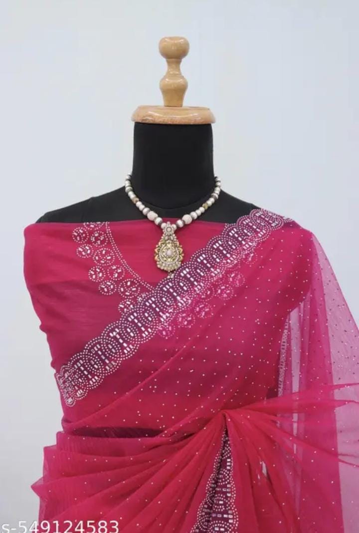 Womens New Latest Bollywood Fancy Party Wear Premium Super Net fabric Embelished Swaroski Work with Fancy Border Saree With Blouse