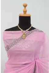 Womens New Latest Bollywood Fancy Party Wear Premium Super Net fabric Embelished Swaroski Work with Fancy Border Saree With Blouse