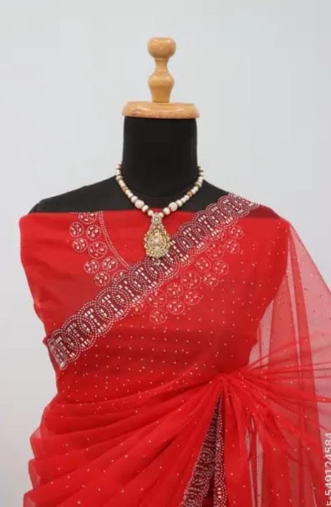 Womens New Latest Bollywood Fancy Party Wear Premium Super Net fabric Embelished Swaroski Work with Fancy Border Saree With Blouse