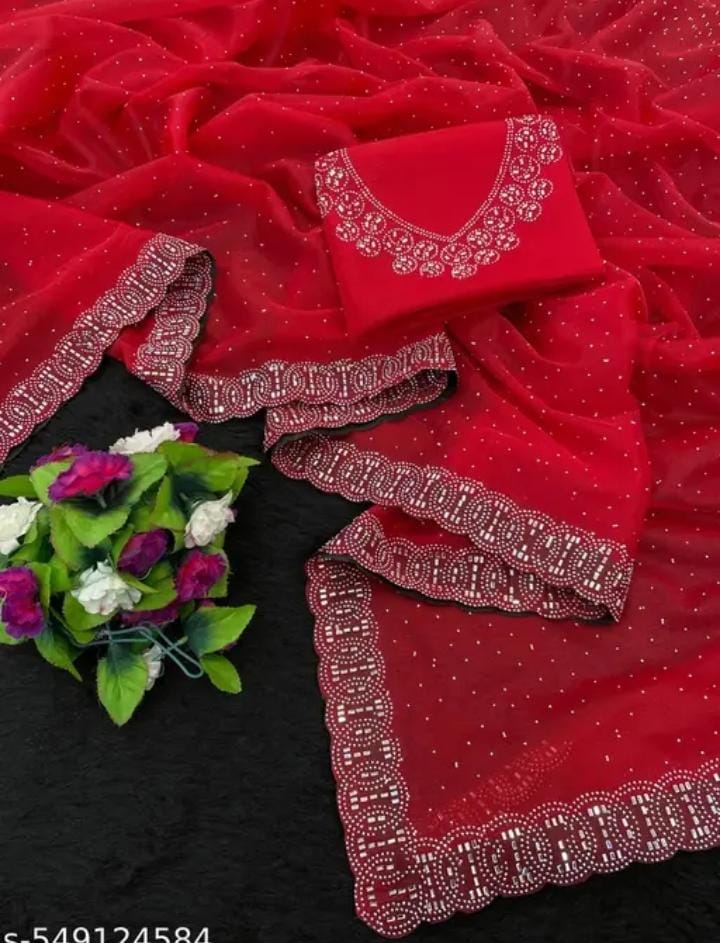 Womens New Latest Bollywood Fancy Party Wear Premium Super Net fabric Embelished Swaroski Work with Fancy Border Saree With Blouse