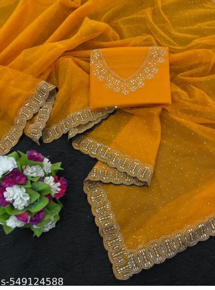 Womens New Latest Bollywood Fancy Party Wear Premium Super Net fabric Embelished Swaroski Work with Fancy Border Saree With Blouse