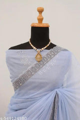 Womens New Latest Bollywood Fancy Party Wear Premium Super Net fabric Embelished Swaroski Work with Fancy Border Saree With Blouse