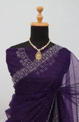 Womens New Latest Bollywood Fancy Party Wear Premium Super Net fabric Embelished Swaroski Work with Fancy Border Saree With Blouse