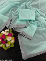 Womens New Latest Bollywood Fancy Party Wear Premium Super Net fabric Embelished Swaroski Work with Fancy Border Saree With Blouse