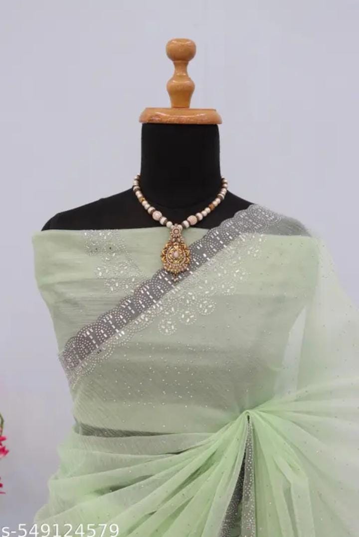 Womens New Latest Bollywood Fancy Party Wear Premium Super Net fabric Embelished Swaroski Work with Fancy Border Saree With Blouse