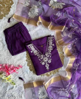 Embroidered Kurta Pant And Organza Duppata Set