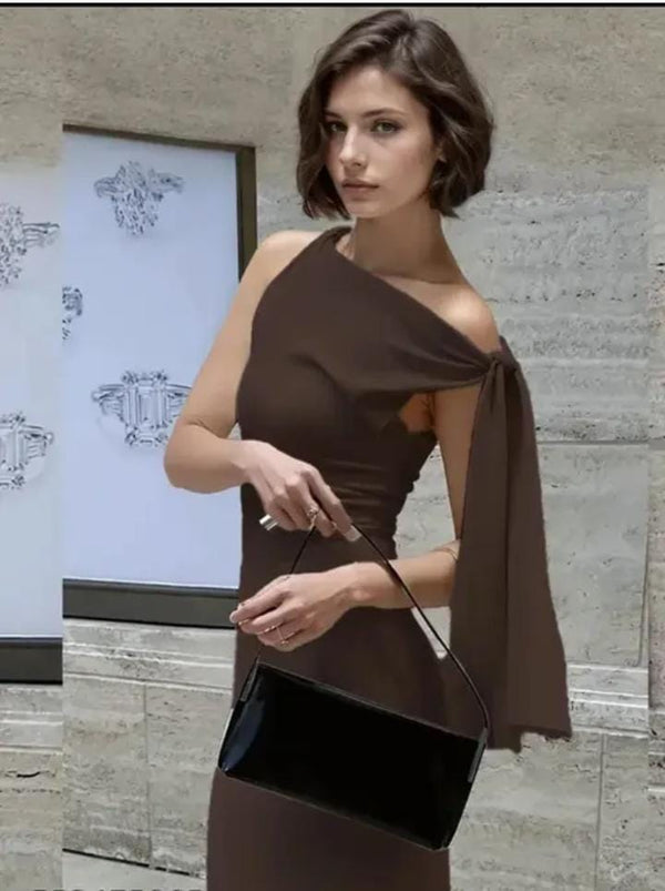 Brown Solid Tie Up Maxi Dress