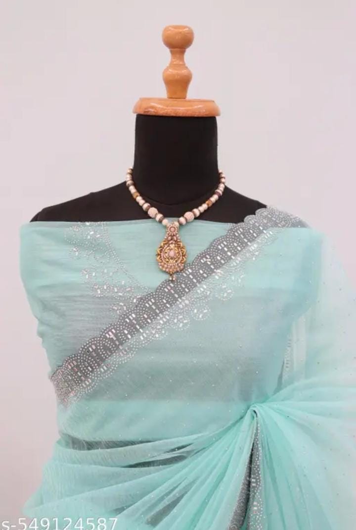 Womens New Latest Bollywood Fancy Party Wear Premium Super Net fabric Embelished Swaroski Work with Fancy Border Saree With Blouse