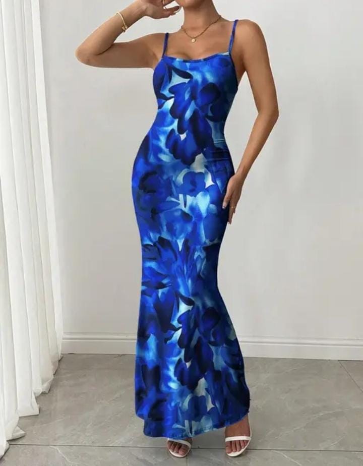 Stylish Blue Floral Maxi Bodycon Dress
