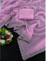 Womens New Latest Bollywood Fancy Party Wear Premium Super Net fabric Embelished Swaroski Work with Fancy Border Saree With Blouse