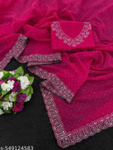 Womens New Latest Bollywood Fancy Party Wear Premium Super Net fabric Embelished Swaroski Work with Fancy Border Saree With Blouse